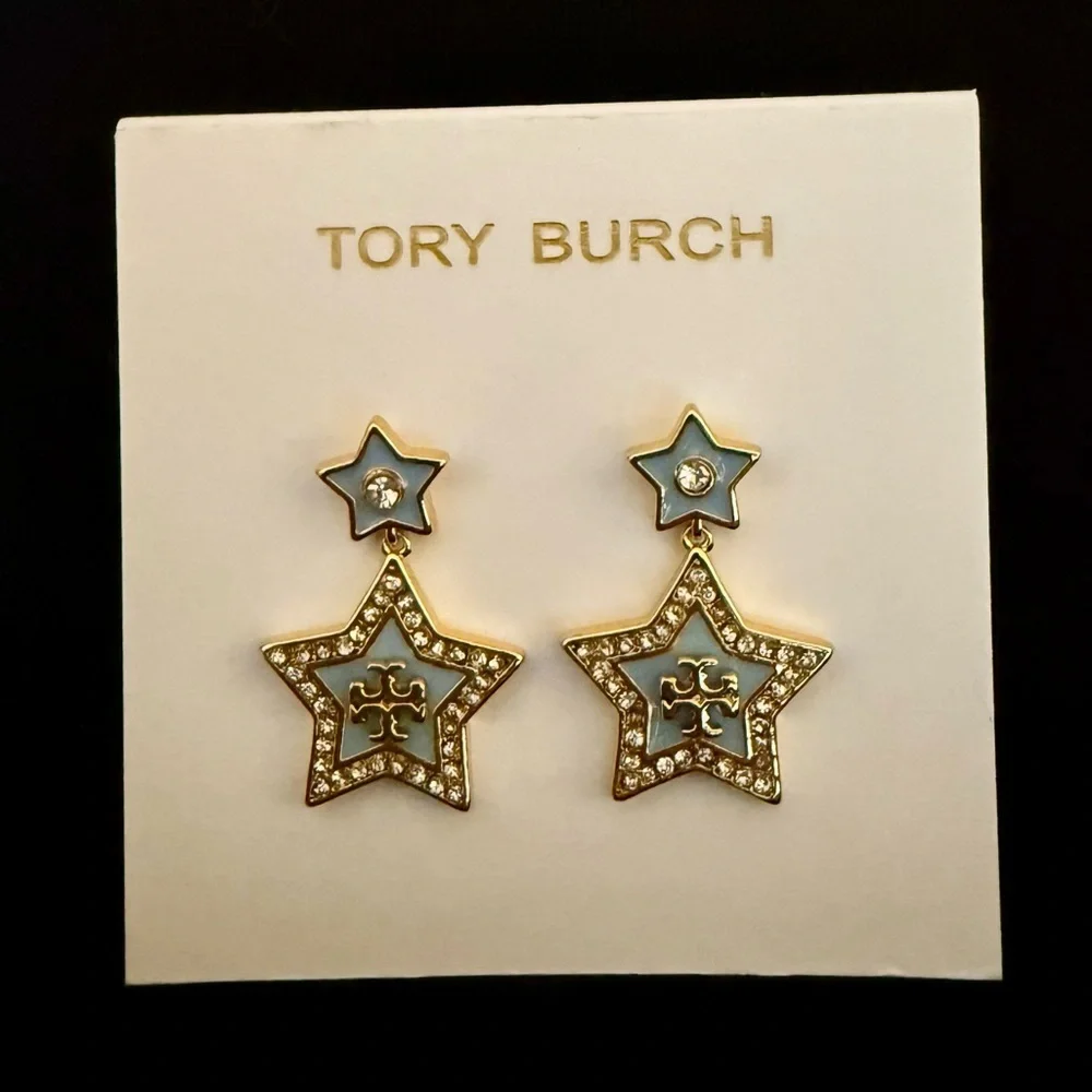 Authentic Tory Burch Gold-Tone Pale Blue Star Drop Earrings - NWT - MSRP $148